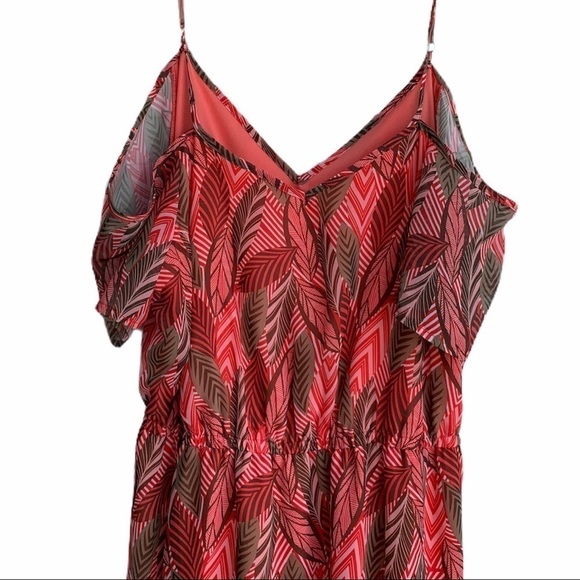 Charming Charlie Cold Shoulder Coral and Brown Retro Leaves Maxi Dress - Picture 6 of 15